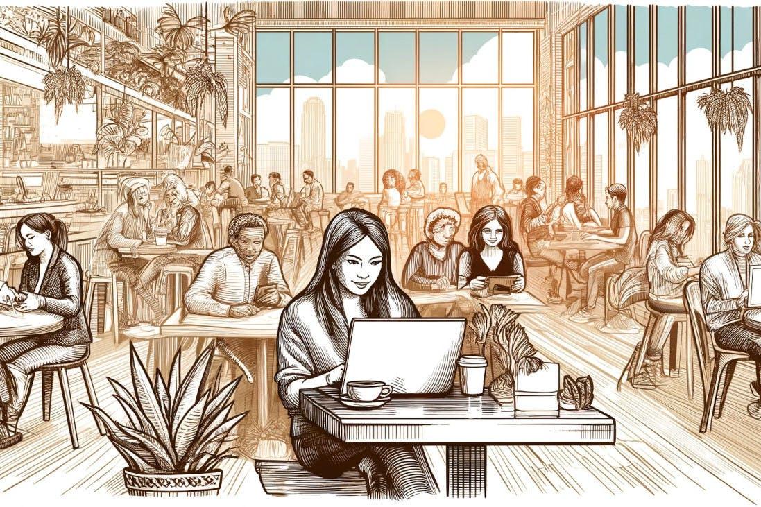 A hand-sketched style landscape illustration depicting a cozy urban cafe with diverse people enjoying their time using laptops